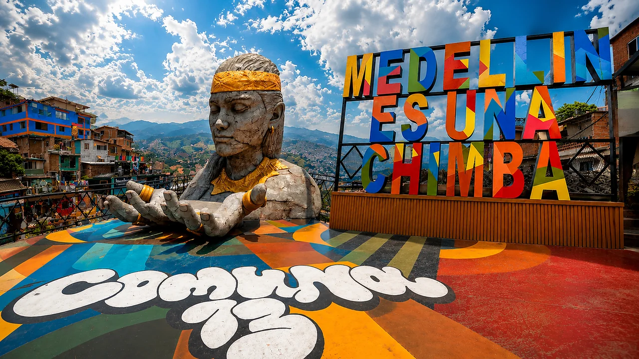 Mirador de la Comuna 13 en Medellín: una escultura de piedra con las manos abiertas, un mural de letras de colores y el barrio sobre la montaña.